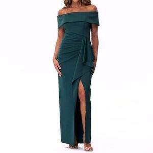 Xscape - Off-The-Shoulder Ruched Side-Slit Gown